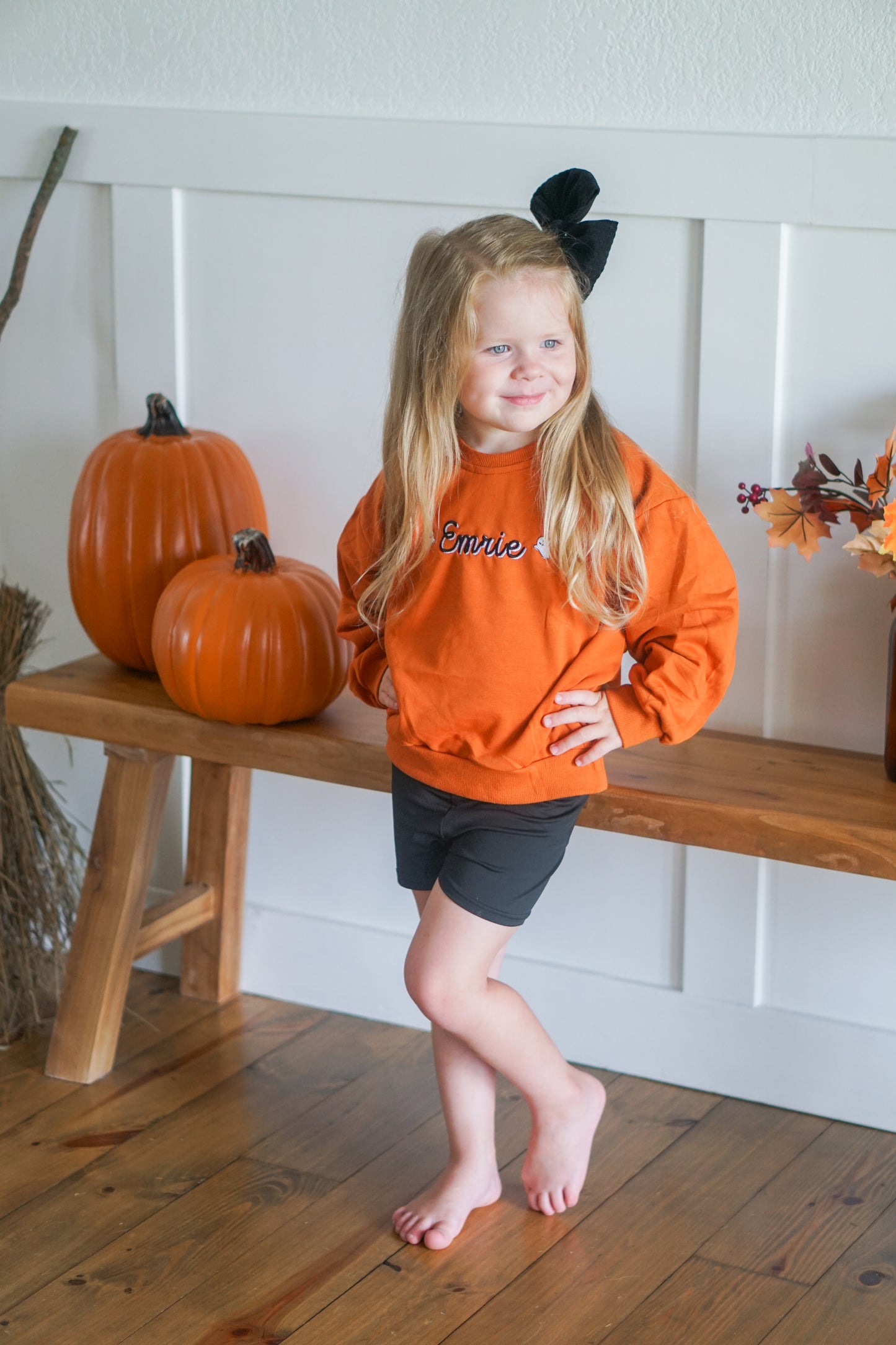 Custom Embroidered Orange Crewneck Sweatshirt or Romper - Floral Bow