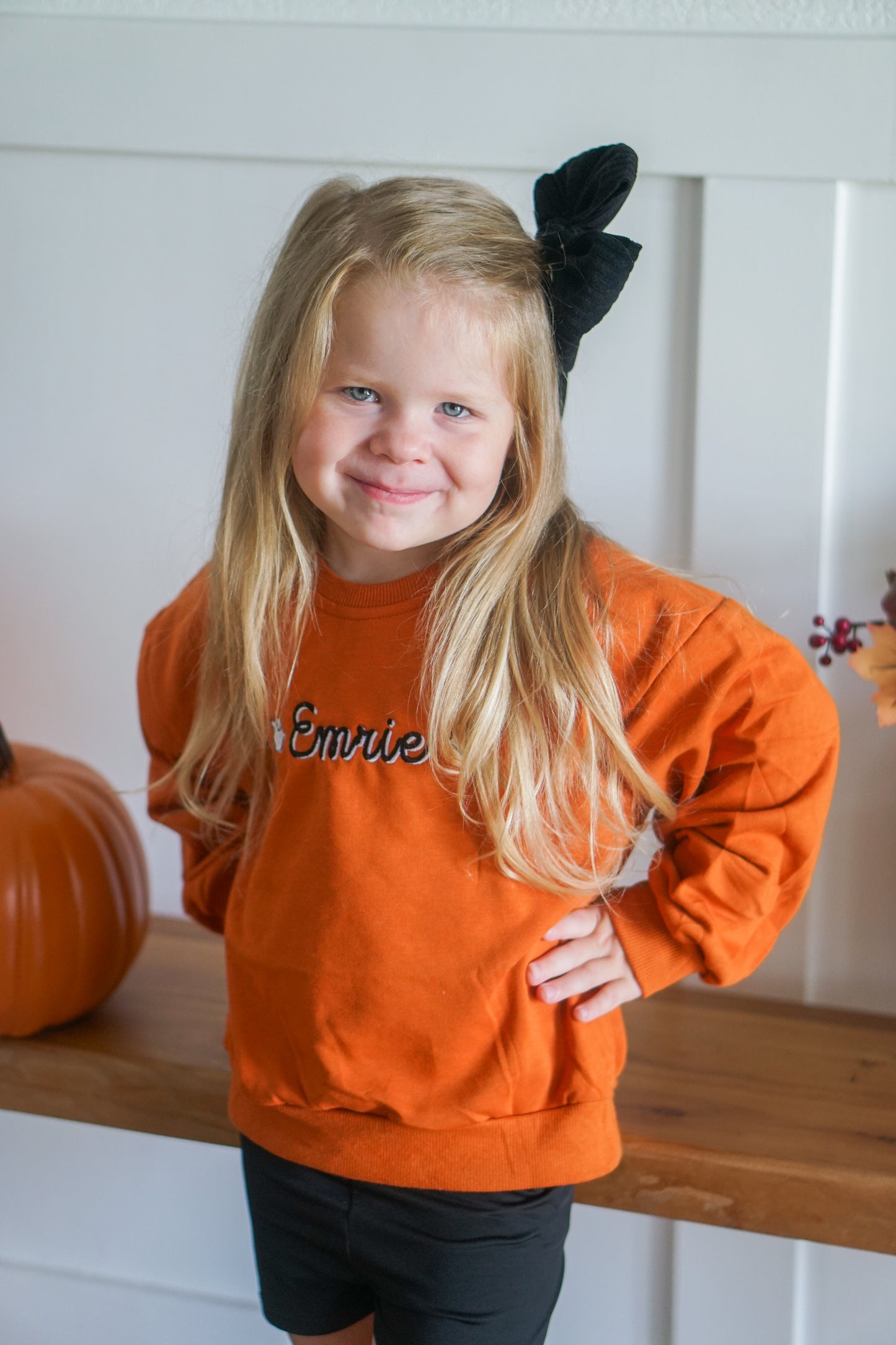 Custom Embroidered Orange Crewneck Sweatshirt or Romper - Floral Bow