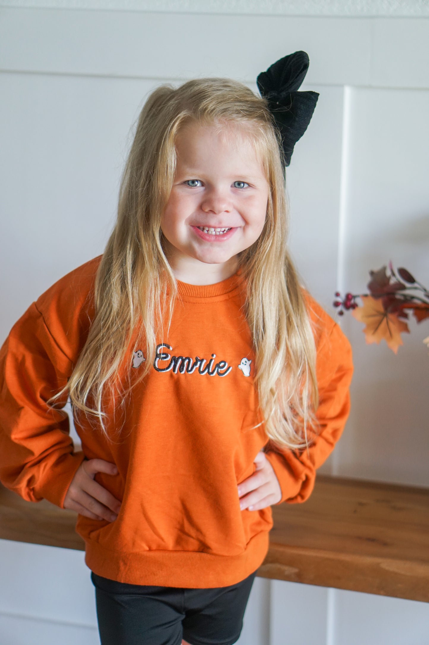 Custom Embroidered Orange Crewneck Sweatshirt or Romper - Floral Bow