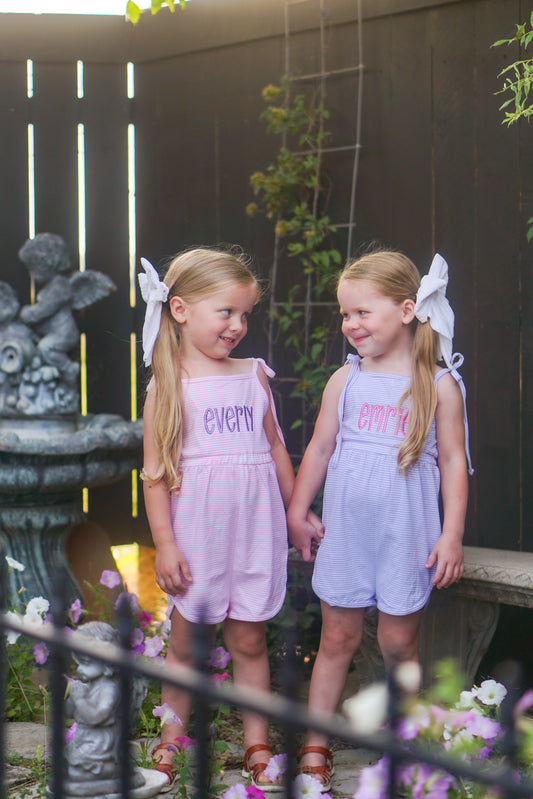 Custom Embroidered Striped Tie Strap Tank Romper - Purple, Blue, or Pink