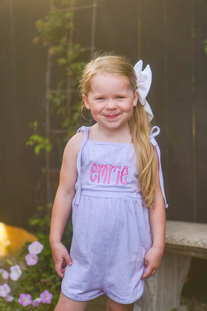 Custom Embroidered Striped Tie Strap Tank Romper - Purple, Blue, or Pink