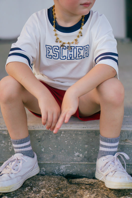 Custom Embroidered Navy Varsity Striped Oversized Tee