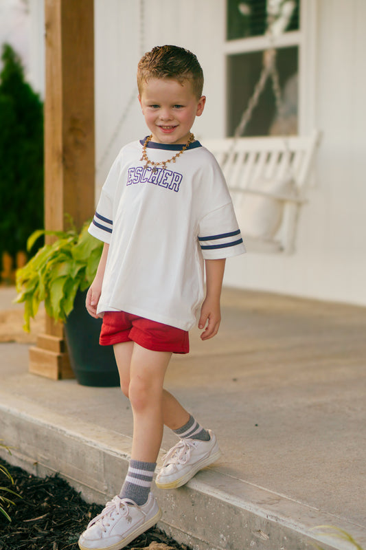 Custom Embroidered Navy Varsity Striped Oversized Tee