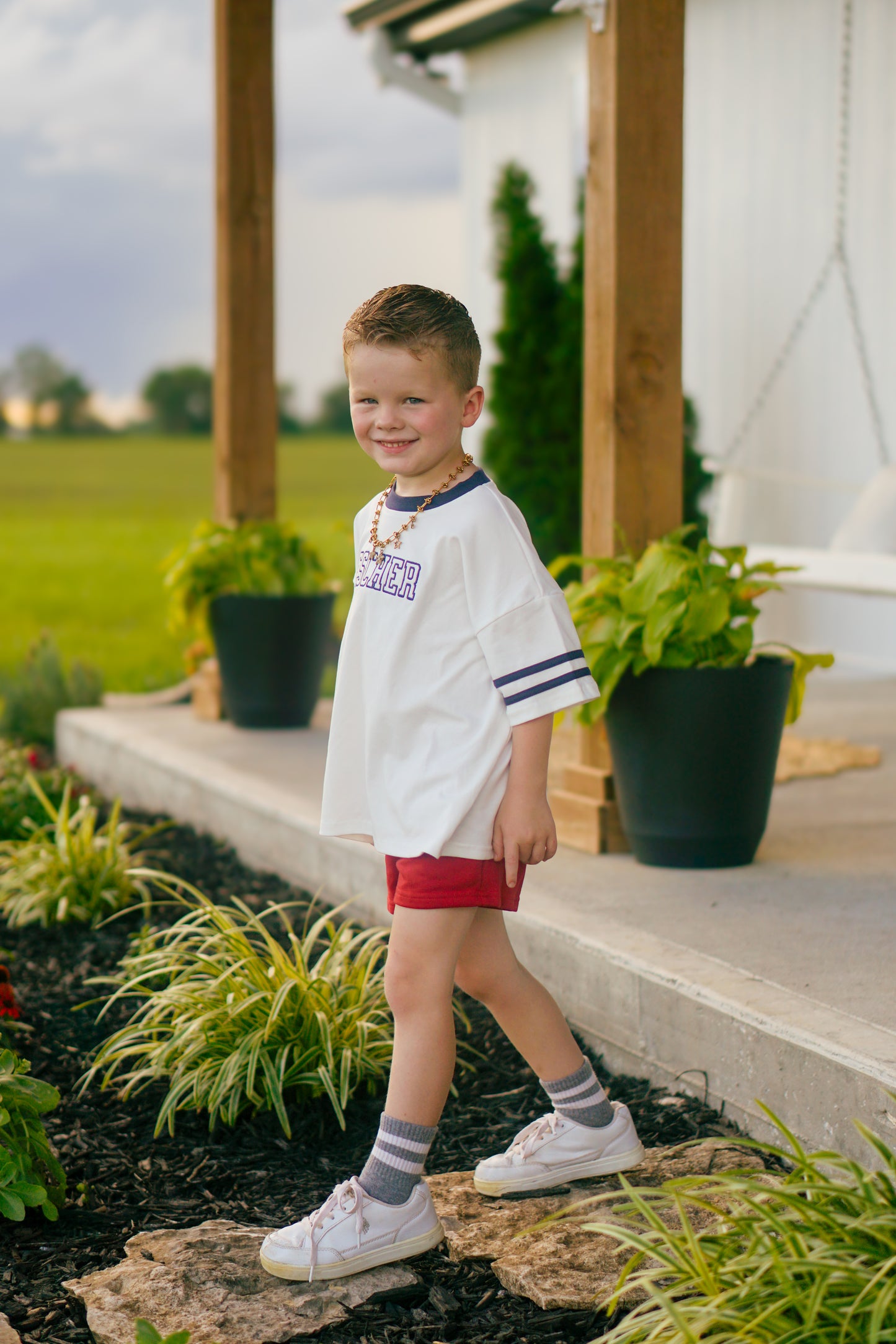 Custom Embroidered Navy Varsity Striped Oversized Tee