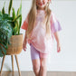 Custom Embroidered Colorblock Tee and Biker Shorts Set - Pink & Purple Set