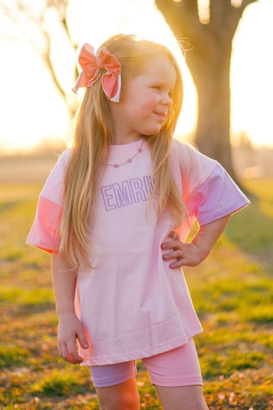 Custom Embroidered Colorblock Tee and Biker Shorts Set - Pink & Purple Set