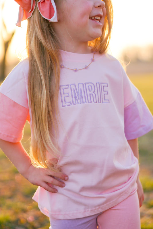 Custom Embroidered Colorblock Tee and Biker Shorts Set - Pink & Purple Set