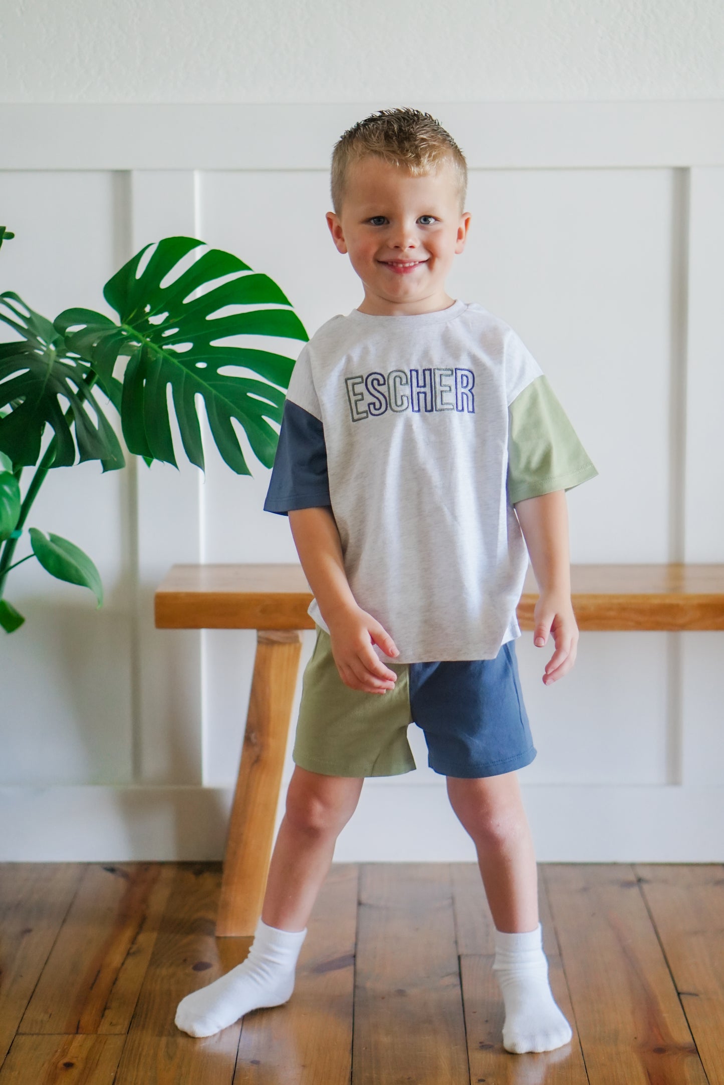 Custom Embroidered Colorblock Organic Cotton Tee & Shorts Set - Gray
