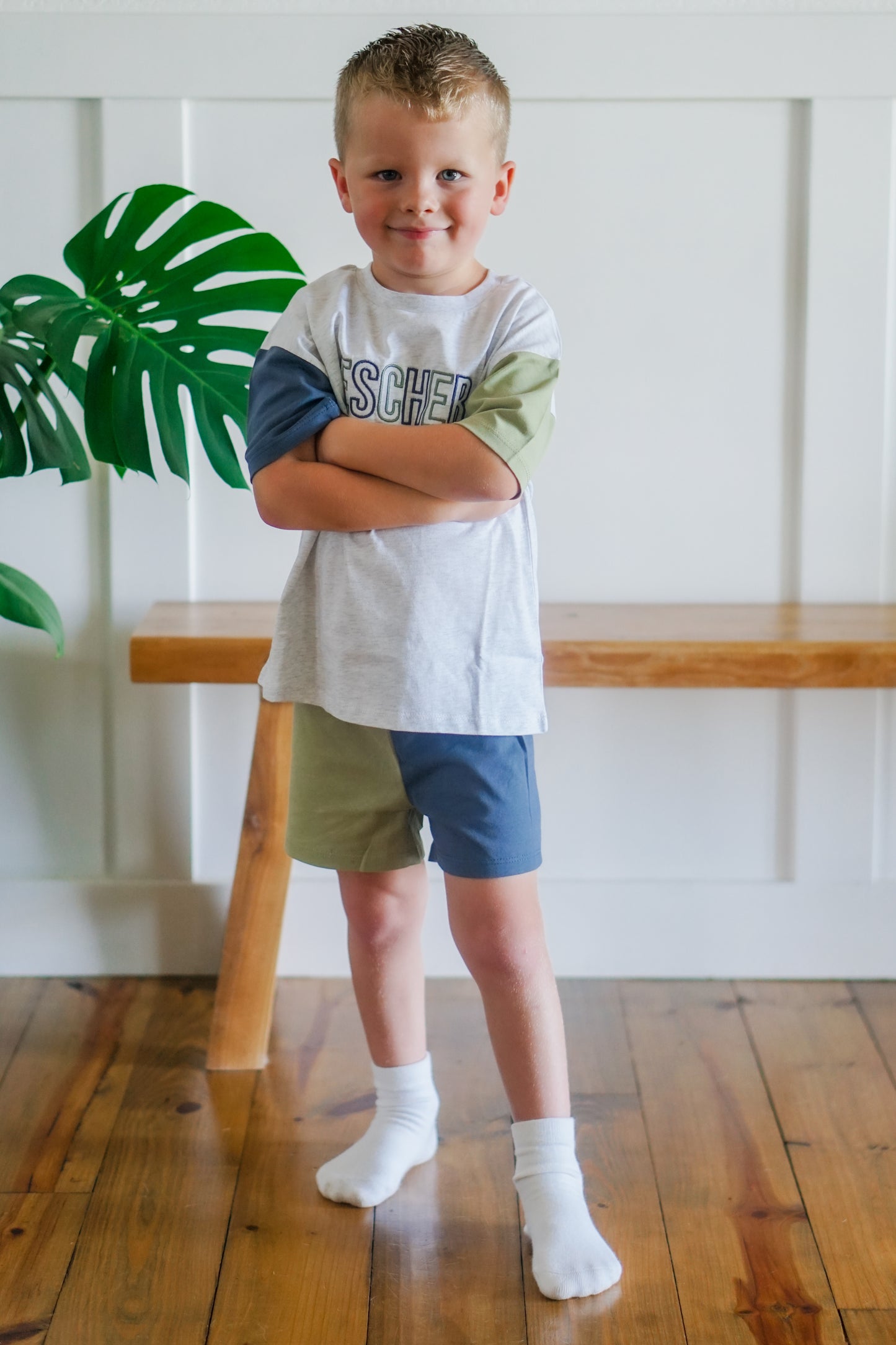Custom Embroidered Colorblock Organic Cotton Tee & Shorts Set - Gray