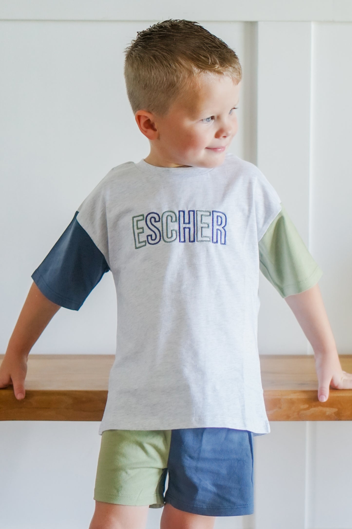 Custom Embroidered Colorblock Organic Cotton Tee & Shorts Set - Gray