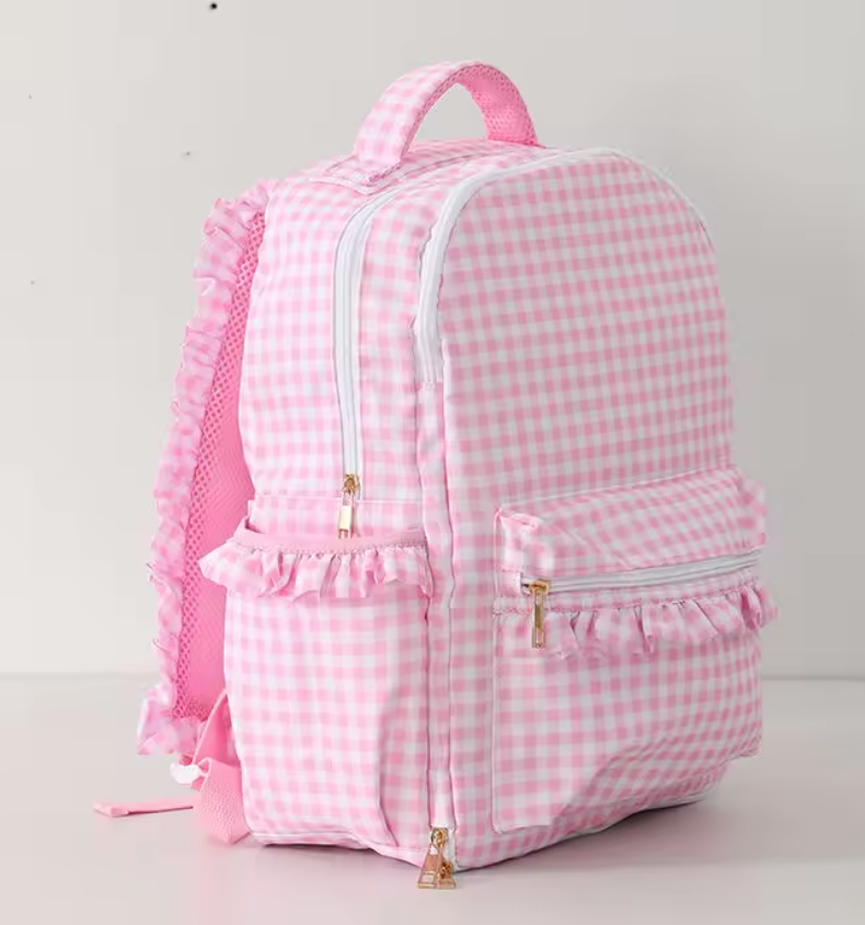 Custom Embroidered Ruffle Backpack - Gingham or Stripes