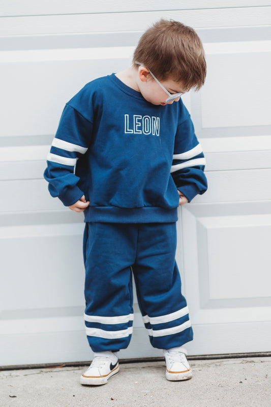 Custom Embroidered Varsity Striped Jogger Set - Navy