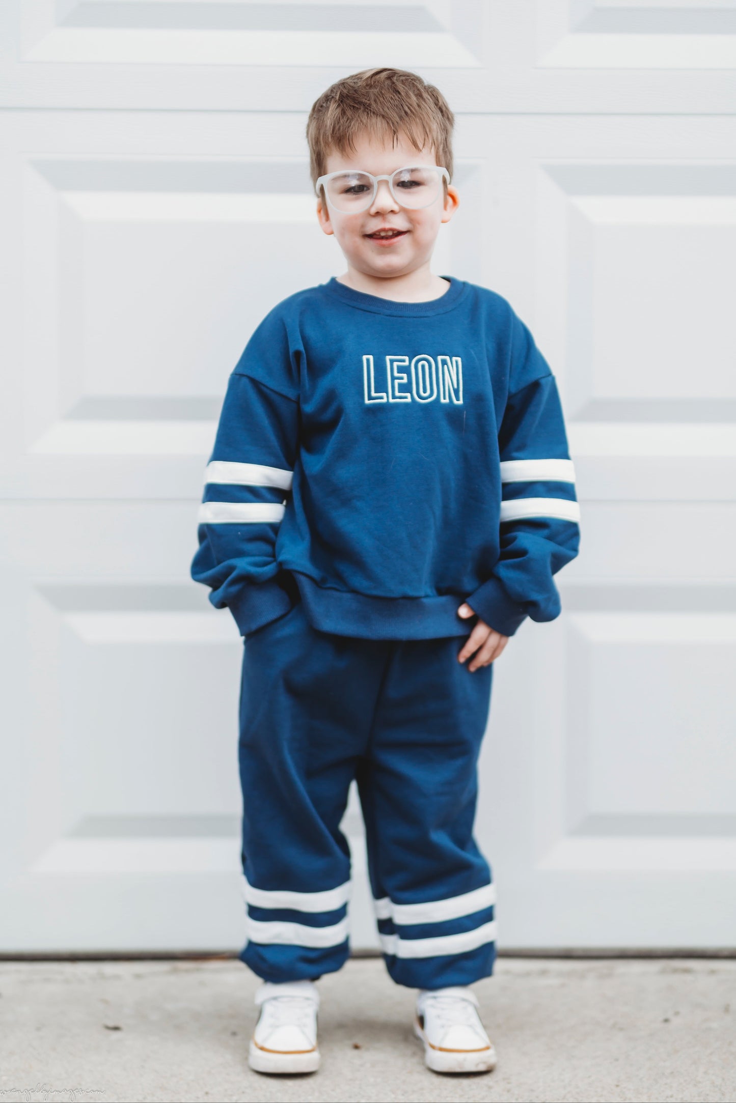 Custom Embroidered Varsity Striped Jogger Set - Navy