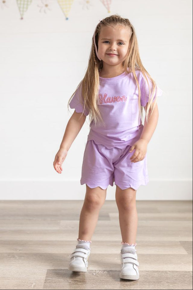 Custom Embroidered Scalloped Shorts Set - Pink or Purple
