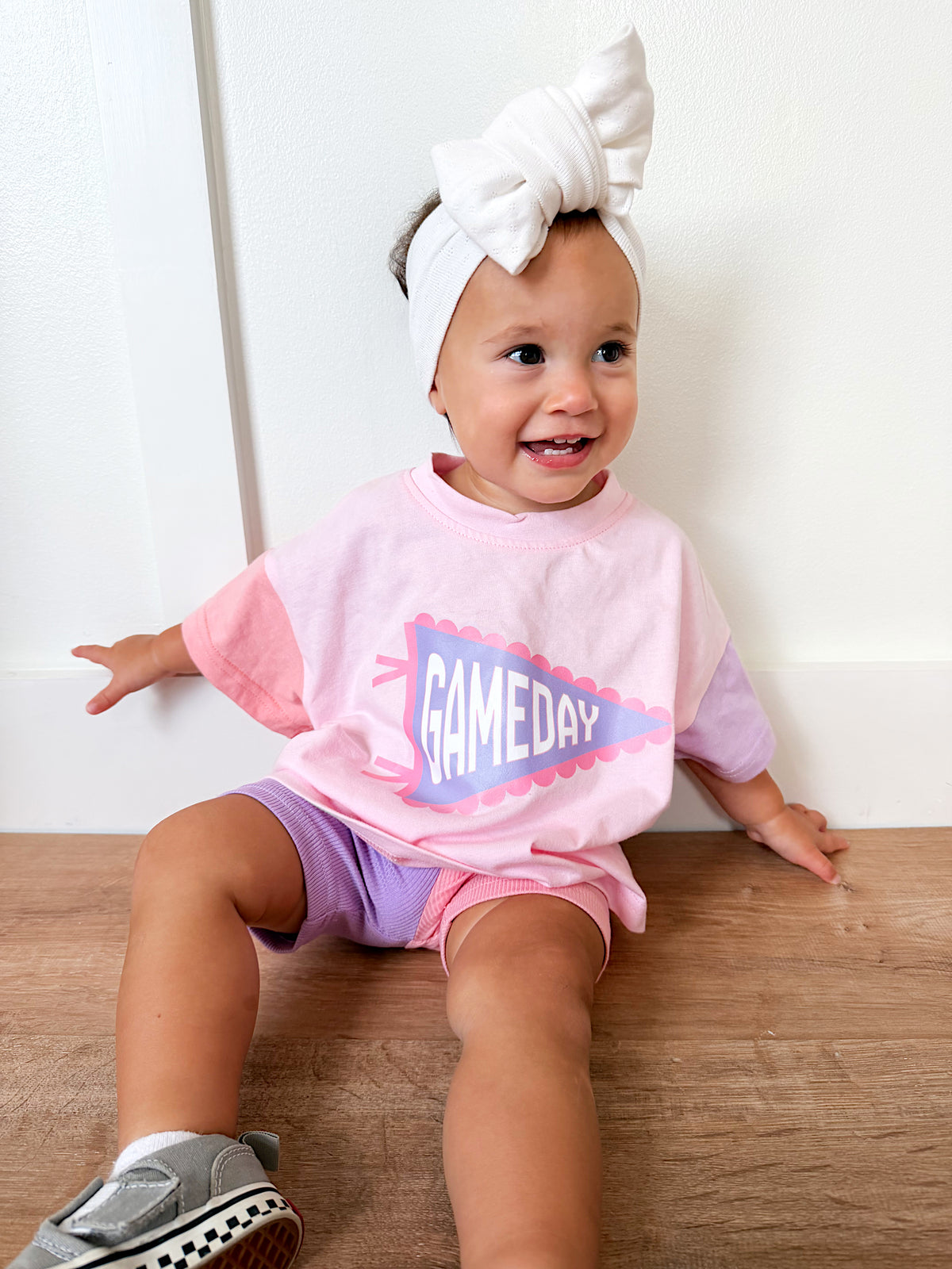 Gameday Pennant Colorblock Tee & Shorts Set or Bubble Romper - Pink & Purple