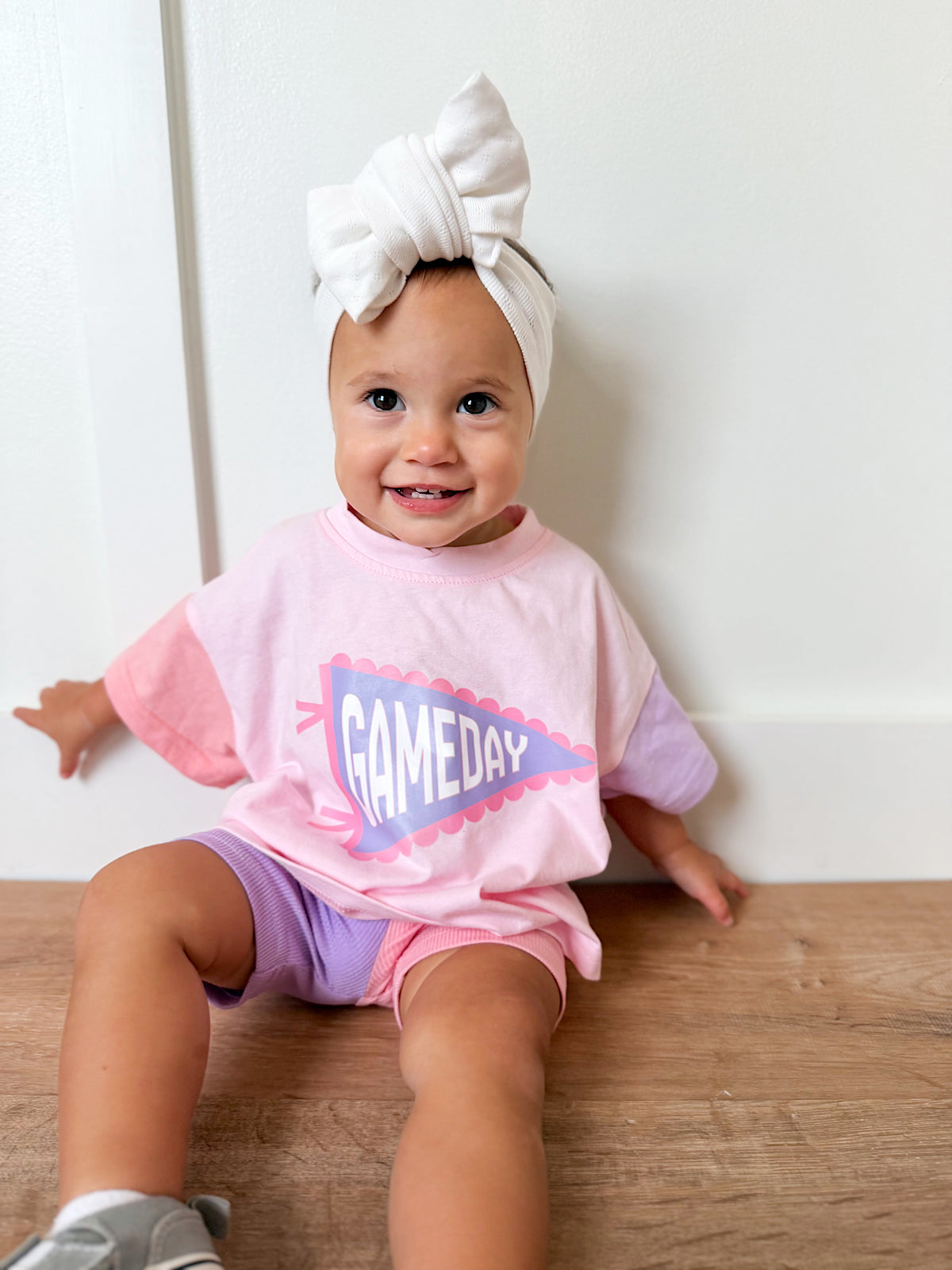 Gameday Pennant Colorblock Tee & Shorts Set or Bubble Romper - Pink & Purple
