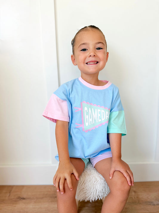Gameday Pennant Colorblock Tee & Shorts Set or Bubble Romper - Blue Pastel