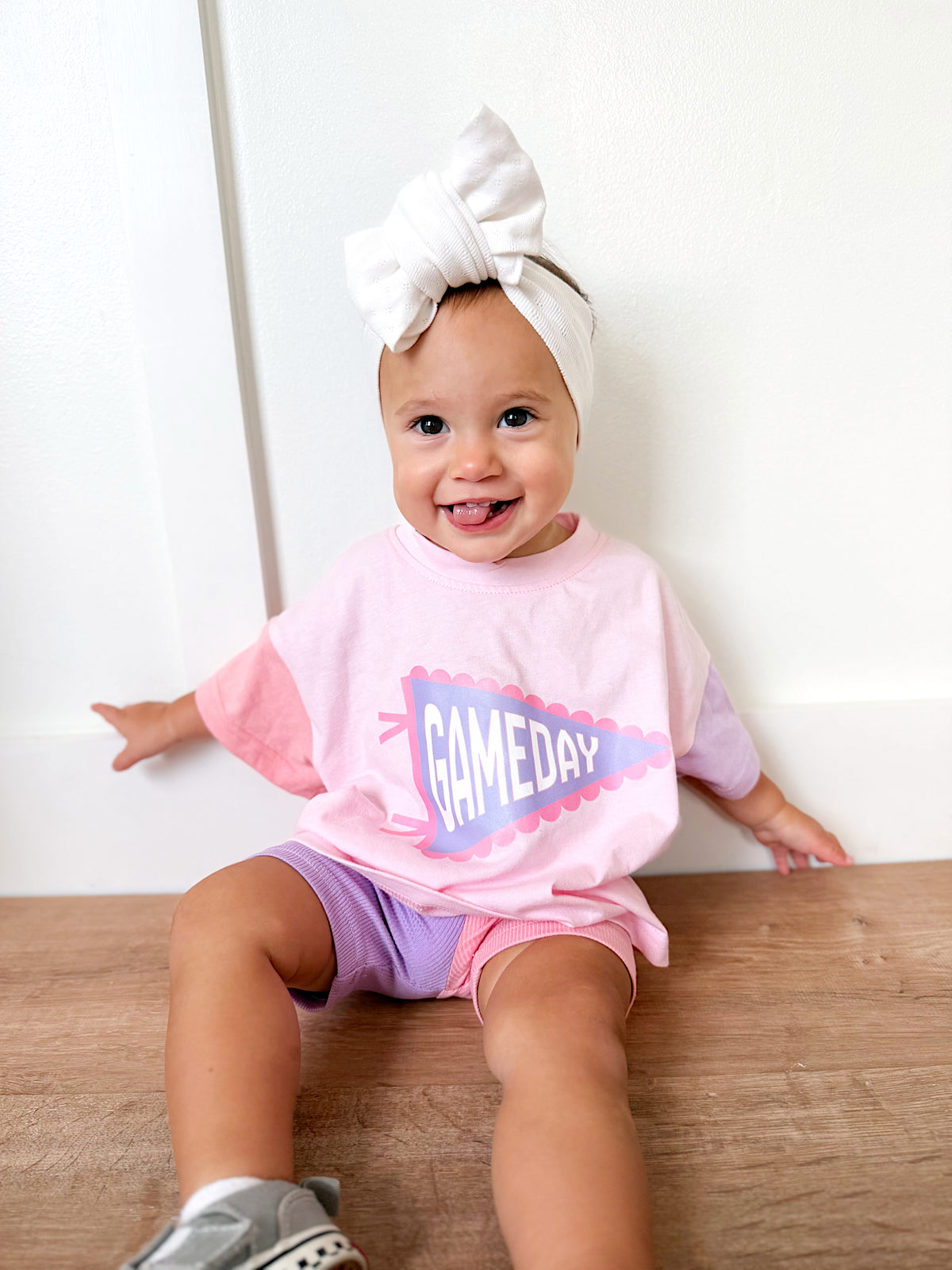 Gameday Pennant Colorblock Tee & Shorts Set or Bubble Romper - Pink & Purple