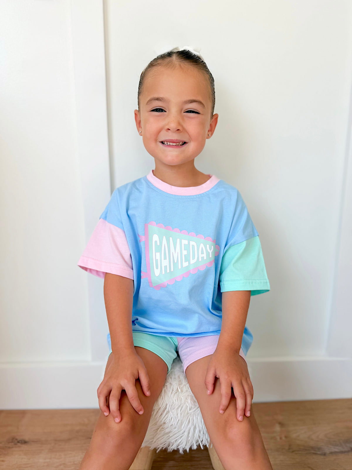 Gameday Pennant Colorblock Tee & Shorts Set or Bubble Romper - Blue Pastel