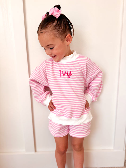 Pink Striped Mock Neck Shorts Set - Optional Custom Embroidery