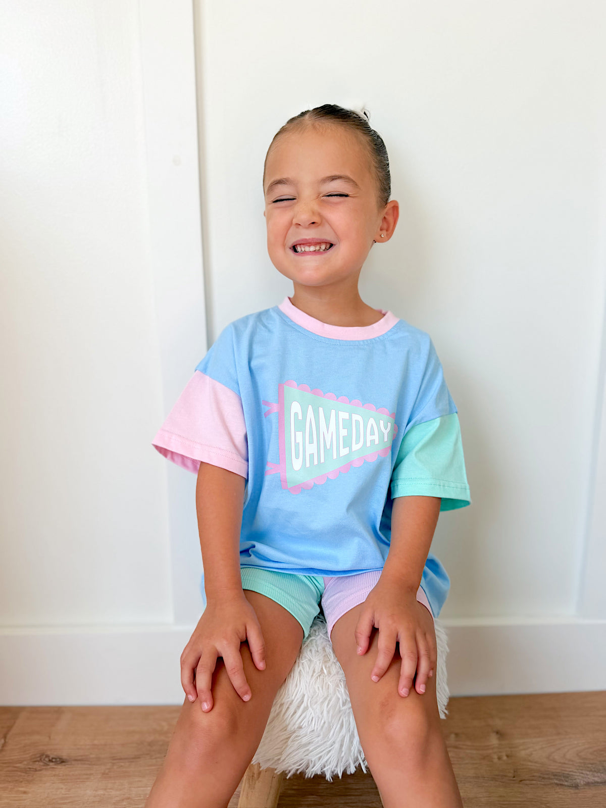 Gameday Pennant Colorblock Tee & Shorts Set or Bubble Romper - Blue Pastel