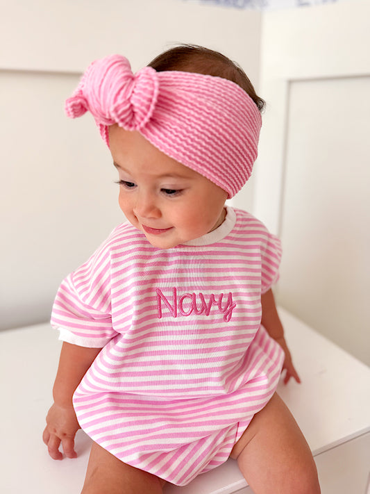 Pink Striped Bubble Romper - Optional Custom Embroidery