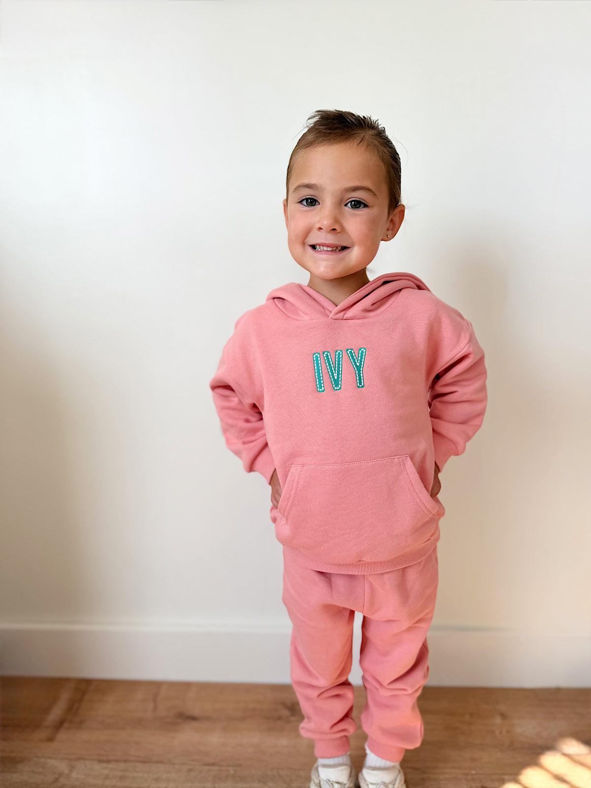 Custom Embroidered Organic Cotton Hooded Jogger Set - Pink