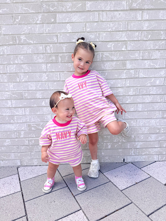 Pink Striped Organic Cotton Shorts Set - Optional Custom Embroidery