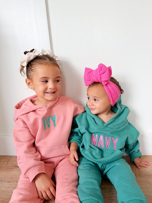 Custom Embroidered Organic Cotton Hooded Jogger Set - Pink