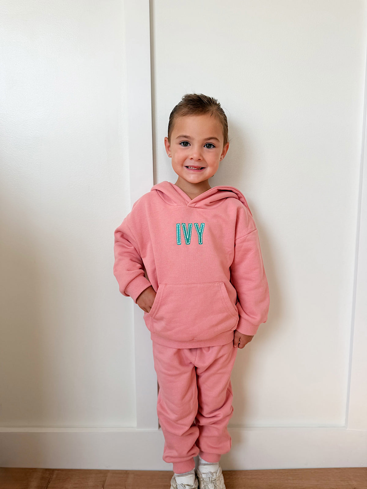 Custom Embroidered Organic Cotton Hooded Jogger Set - Pink