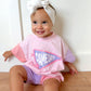 Gameday Pennant Colorblock Tee & Shorts Set or Bubble Romper - Pink & Purple