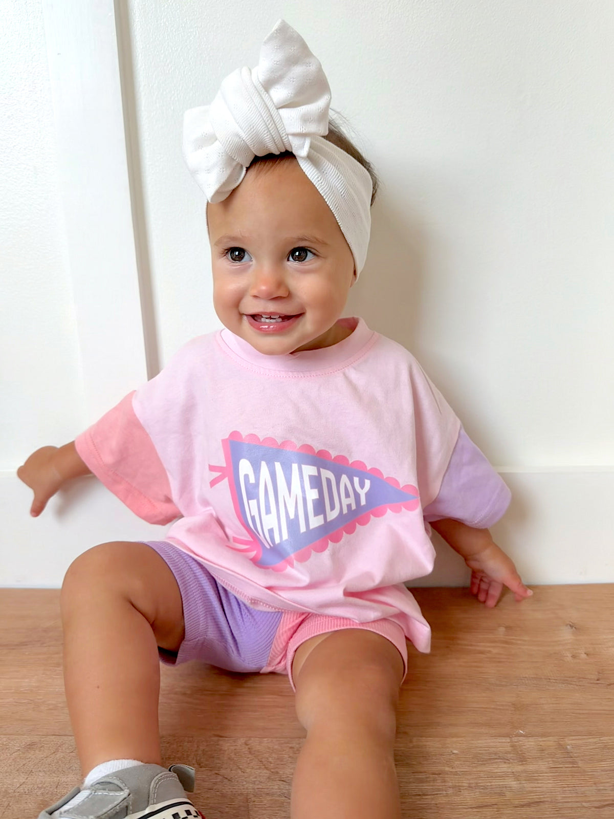 Gameday Pennant Colorblock Tee & Shorts Set or Bubble Romper - Pink & Purple