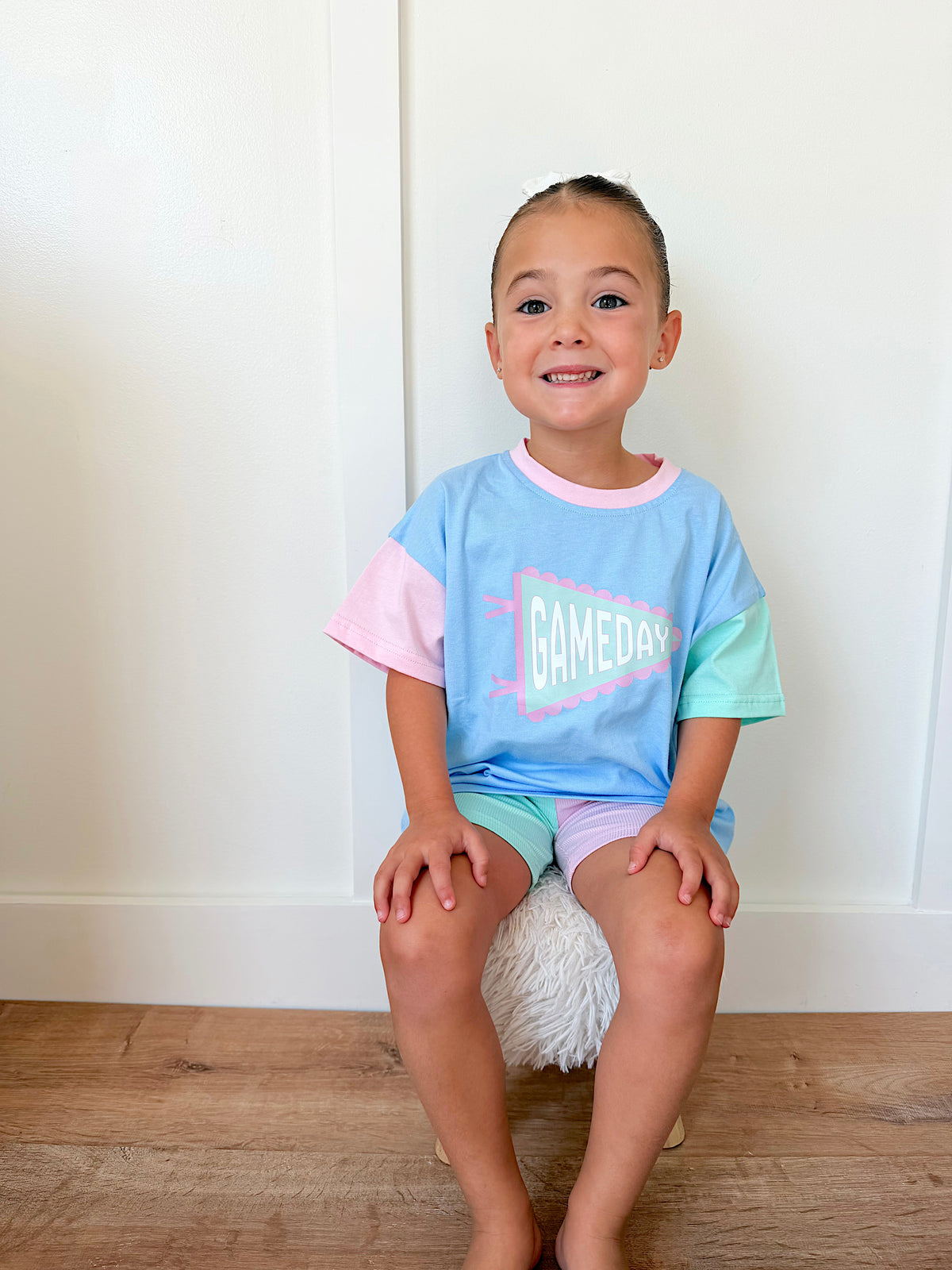 Gameday Pennant Colorblock Tee & Shorts Set or Bubble Romper - Blue Pastel