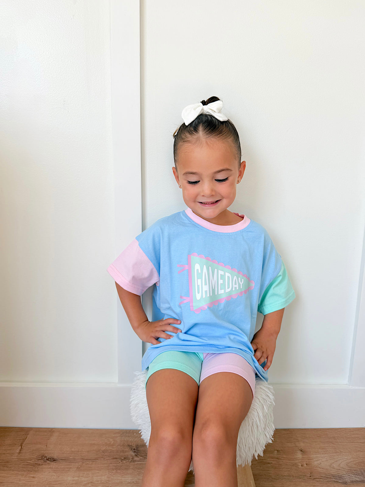 Gameday Pennant Colorblock Tee & Shorts Set or Bubble Romper - Blue Pastel