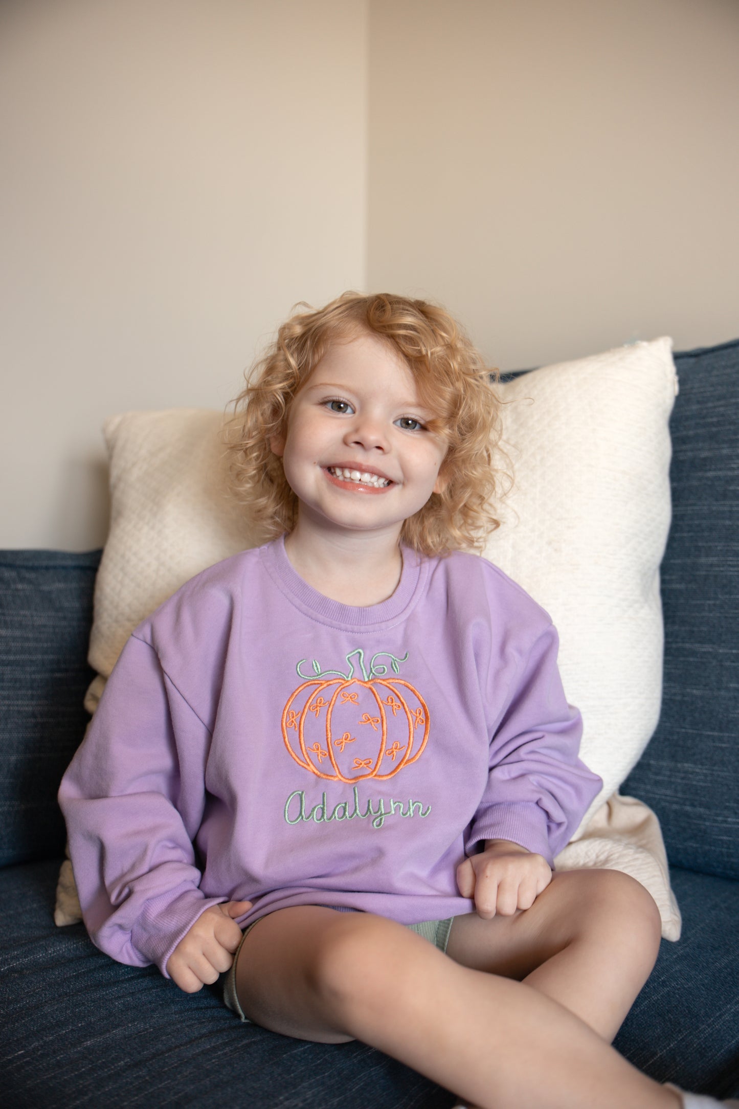 Custom Embroidered Bow Pumpkin Crewneck Sweatshirt or Bubble Romper - Blue or Purple