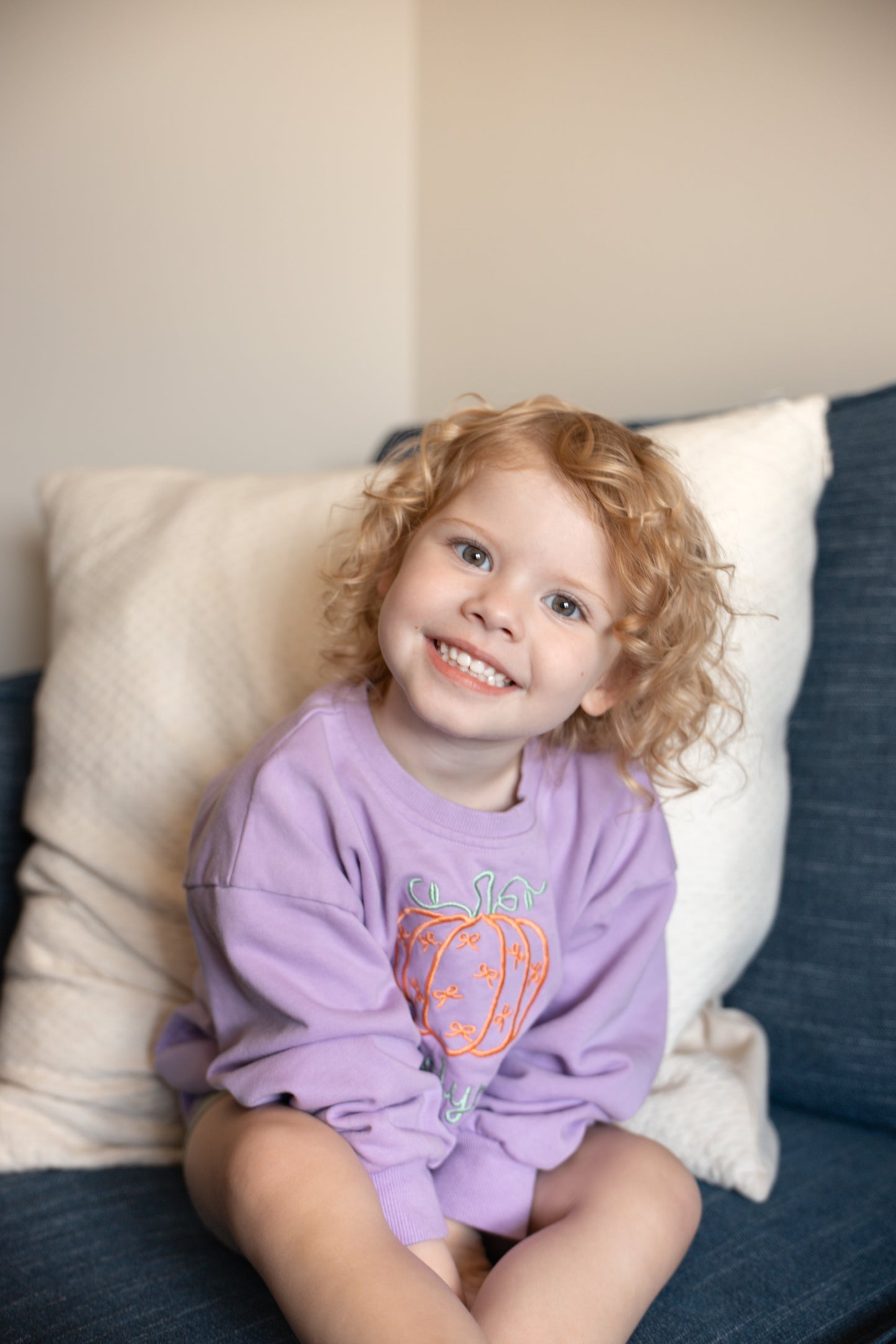 Custom Embroidered Bow Pumpkin Crewneck Sweatshirt or Bubble Romper - Blue or Purple