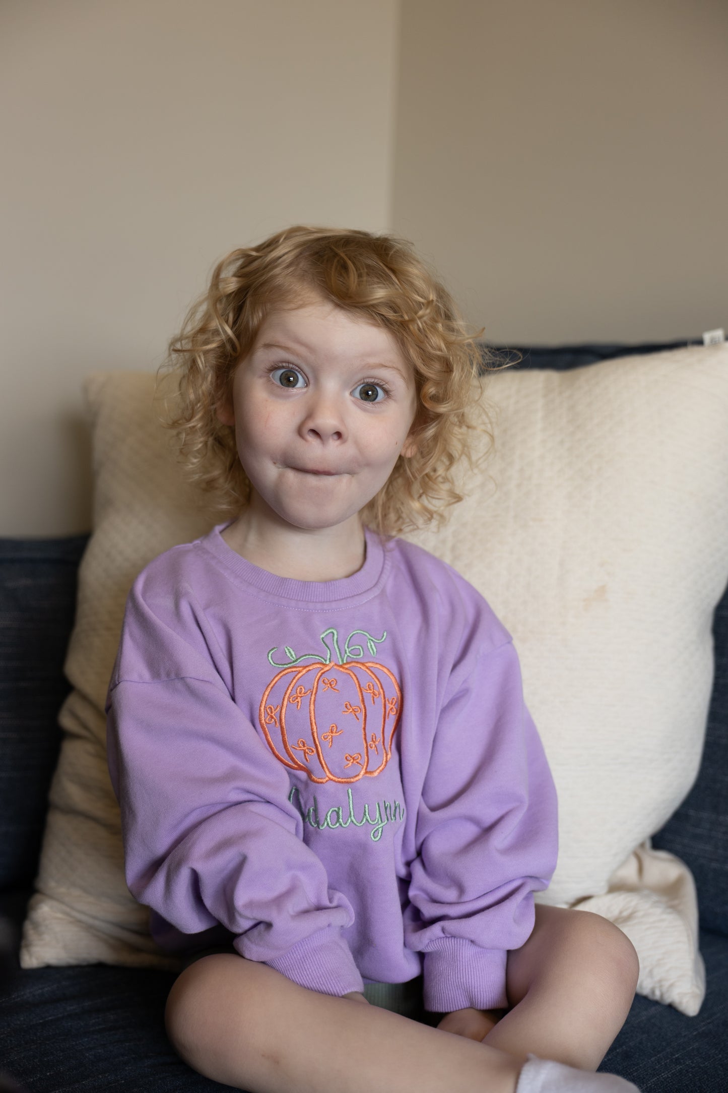 Custom Embroidered Bow Pumpkin Crewneck Sweatshirt or Bubble Romper - Blue or Purple