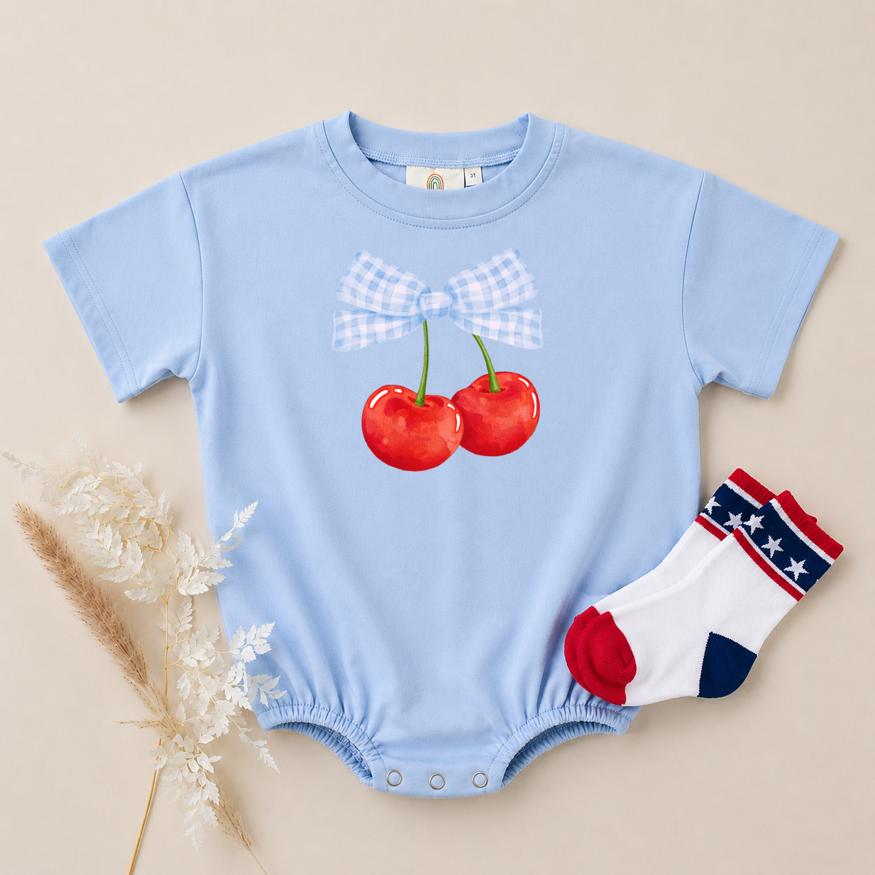 Cherry Bow 4th of July Tee or Bubble Romper