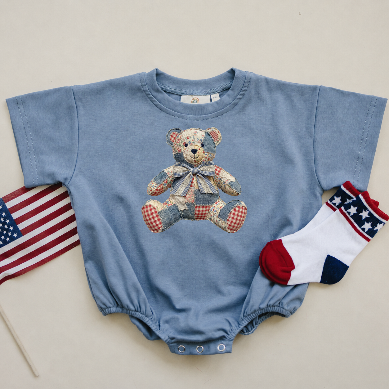 Americana Quilted Teddy Bear Oversized Tee or T-Shirt Bubble Romper