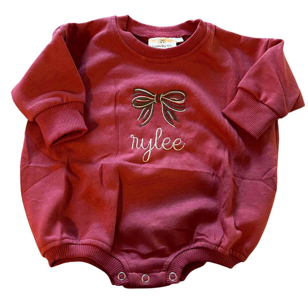 Custom Embroidered Christmas Bow Sweatshirt or Romper