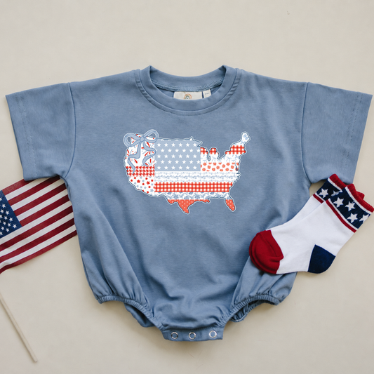 Preppy Quilted USA Map Oversized Tee or T-Shirt Bubble Romper