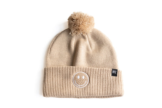 Tan Smiley Pom Pom Hat