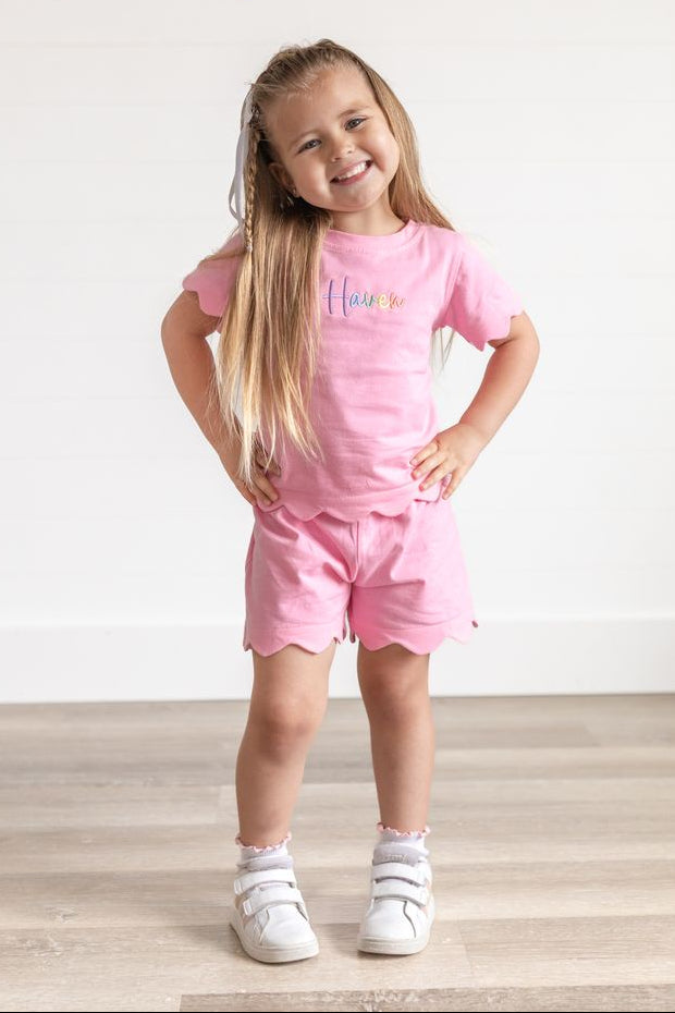Custom Embroidered Scalloped Shorts Set - Pink or Purple