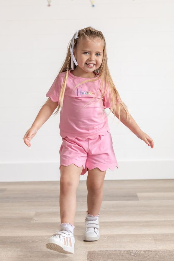 Custom Embroidered Scalloped Shorts Set - Pink or Purple