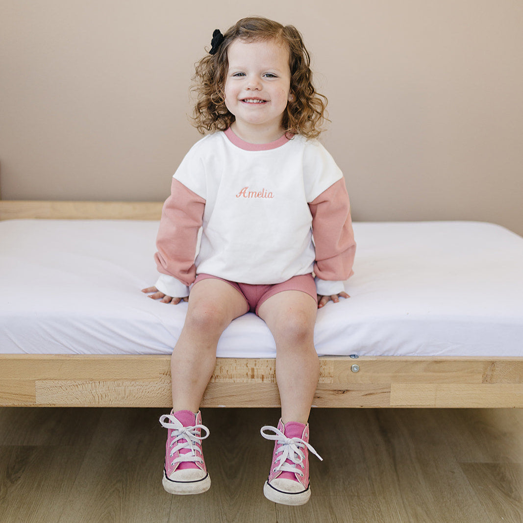 Custom Embroidered Pink Valentine's Day Colorblock Sweatshirt or Sweatshirt Romper