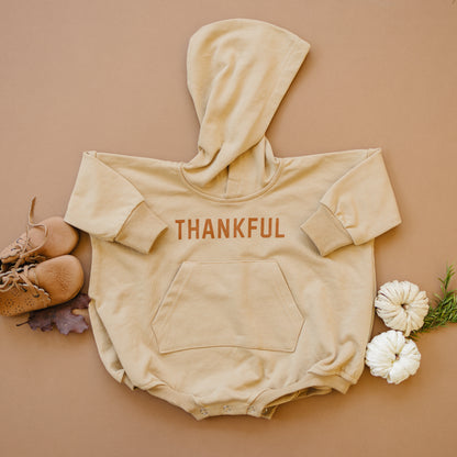 Thankful Hooded Sweatshirt Romper - Camel