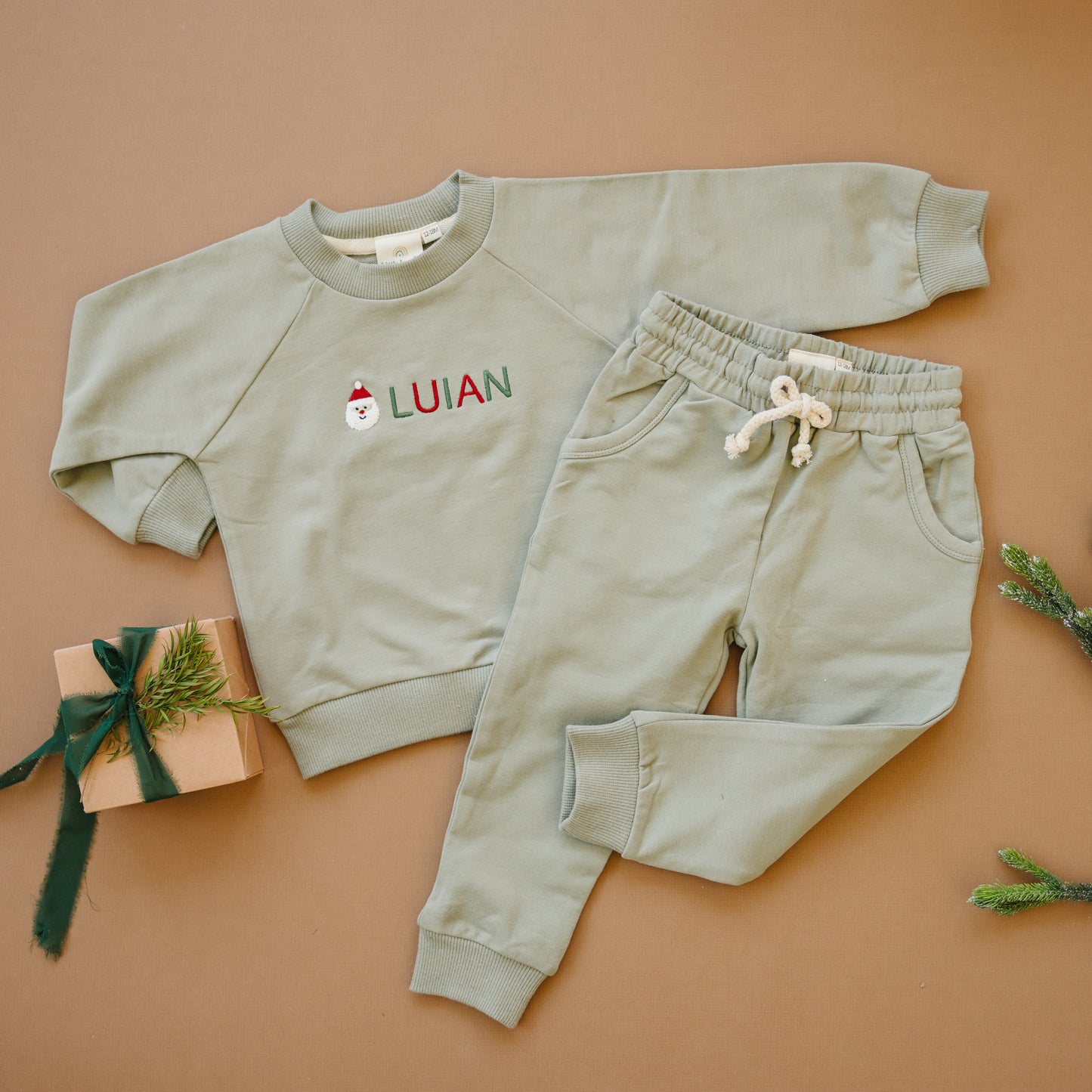 Custom Embroidered Christmas Organic Cotton Jogger Set - Sage