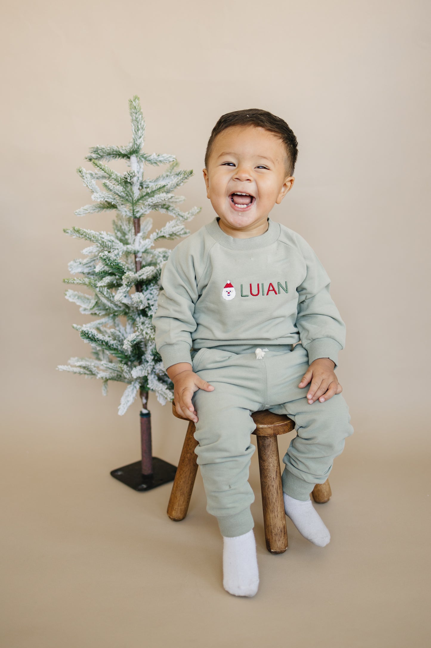 Custom Embroidered Christmas Organic Cotton Jogger Set - Sage