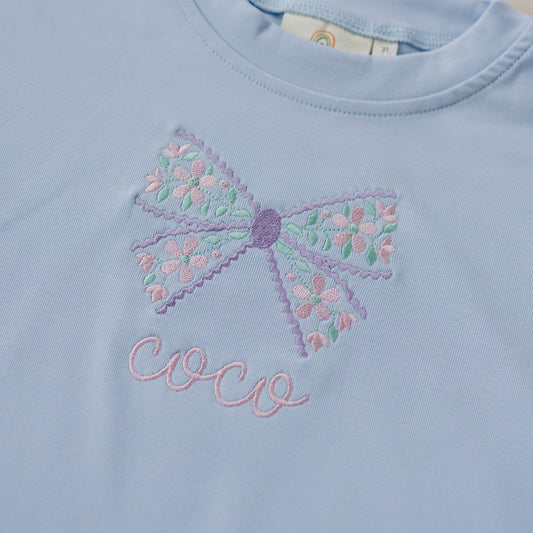 Custom Embroidered Light Blue Oversized Tee or T-Shirt Romper - Floral Bow Design