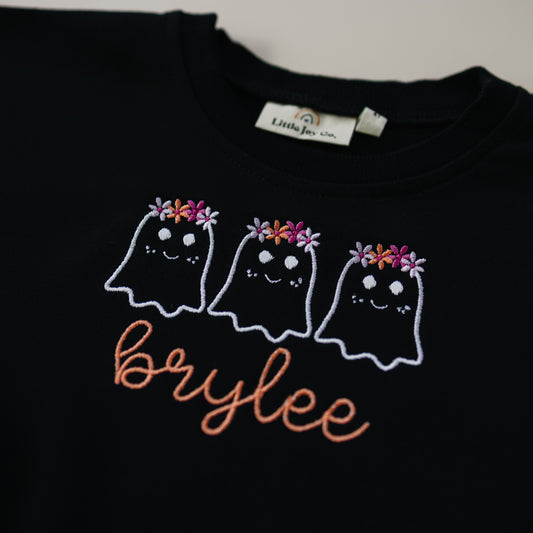 Custom Embroidered Black Halloween Sweatshirt, Tee or Bubble Romper - Girly Ghosts